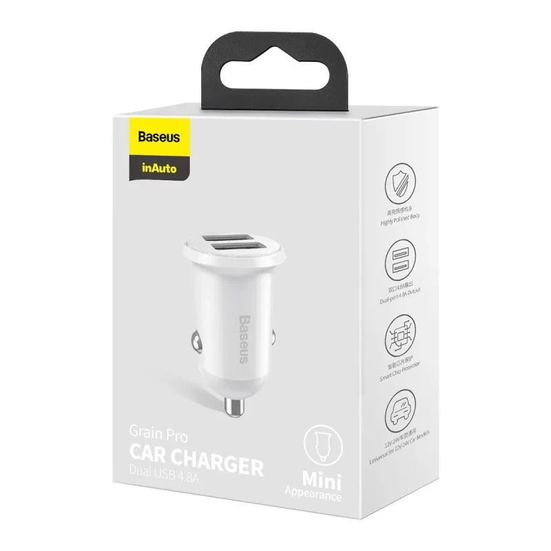 Baseus Grain Pro Car Charger 2X USB - White