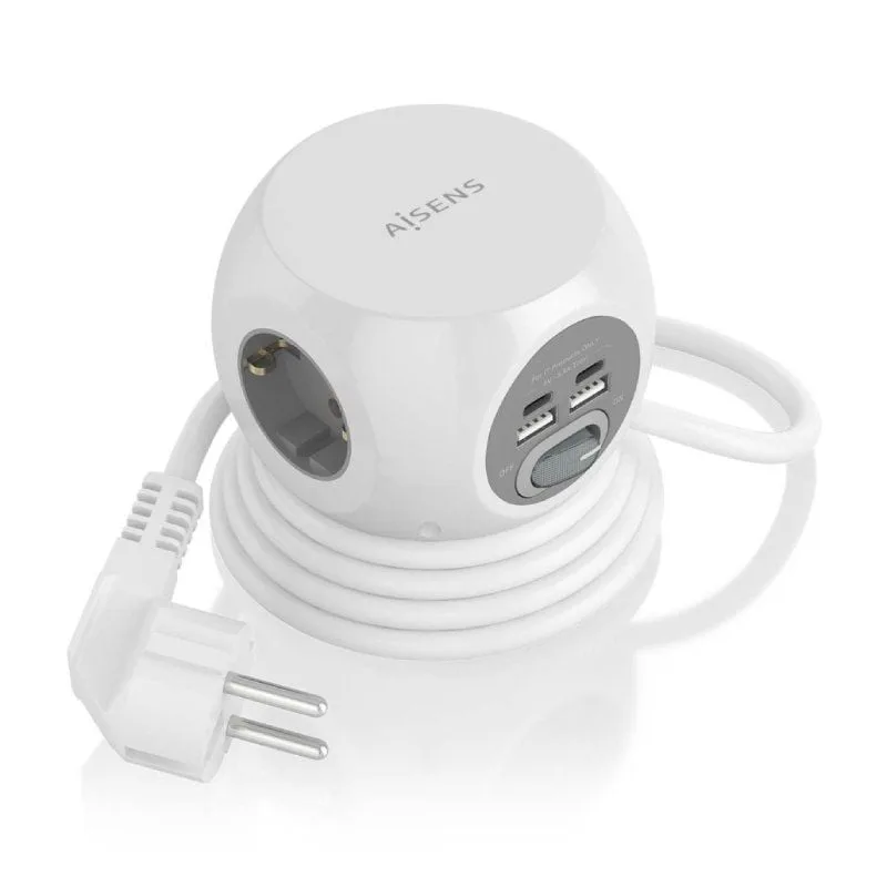 AISENS - ASPS-2A2C04-W - Regleta de Enchufes Sobremesa Multifuncion con 3 Tomas + 2XUSB-C, 2XUSB-A, 1.4M, Blanco