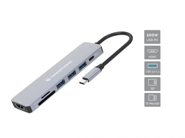 Conceptronic DONN19G base para portátil y replicador de puertos Alámbrico USB 3.2 Gen 1 (3.1 Gen 1) Type-C Gris
