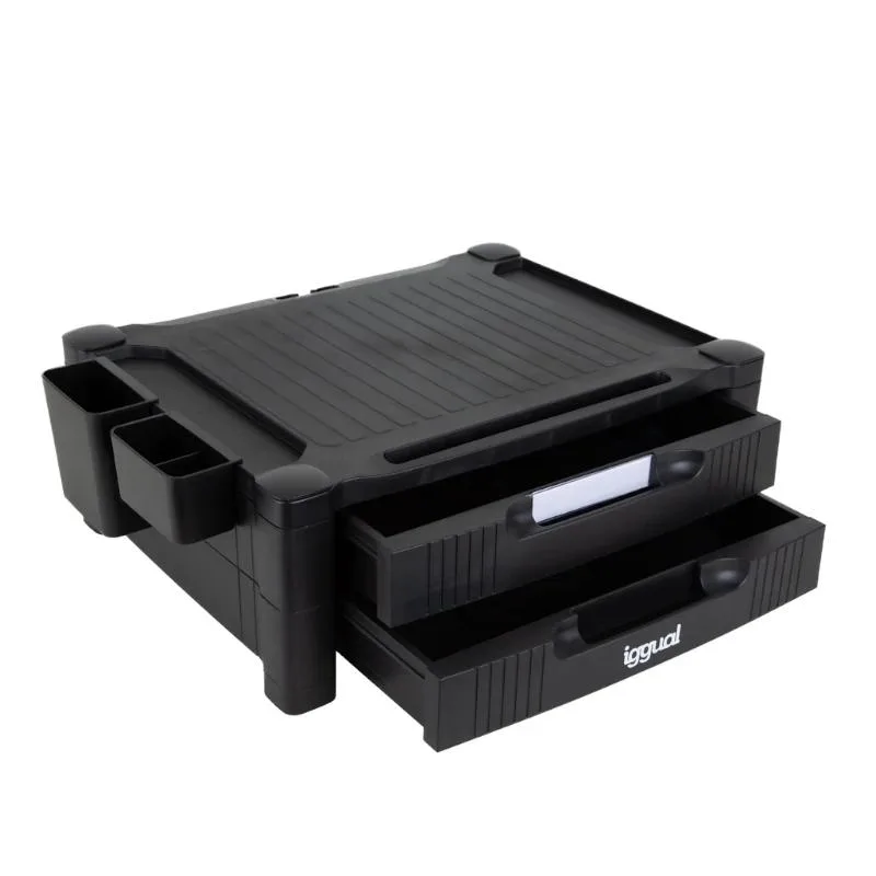 iggual - Elevador de Monitor con 2 Cajones, Soporte Monitor Escritorio Ajustable (13-19 cm), Soporte Portátil con Ranura Tablet y Gavetas Laterales, hasta 30 kg