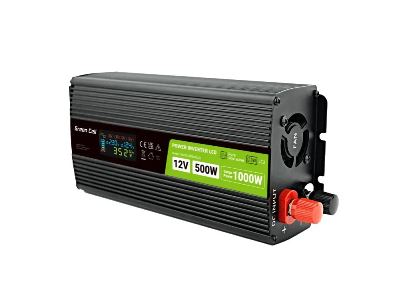 Green Cell Przetwornica napicia PowerInverter LCD 12 V 500W/1000W Przetwornica samochodowa z wywietlaczem - czysty sinus adaptador e inversor de corriente Auto Negro