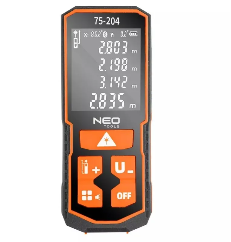 Neo Tools Medidor de Distancia Laser, Telémetro láser IP54, Longitud de Haz láser de 635 NM, alimentación de 2 Pilas AA Ni-MH, o 2 Pilas alcalinas AA, Memoria para Las últimas 30
