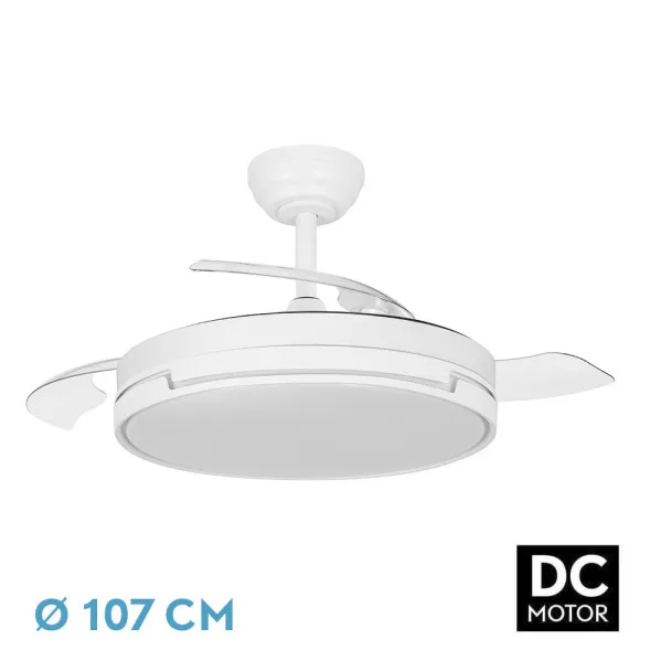 Abrila PAPIRO ventilador de techo con luz LED para interior, motor DC, 4 aspas desplegables, 6 velocidades, mando a distancia, temporizador, blanco