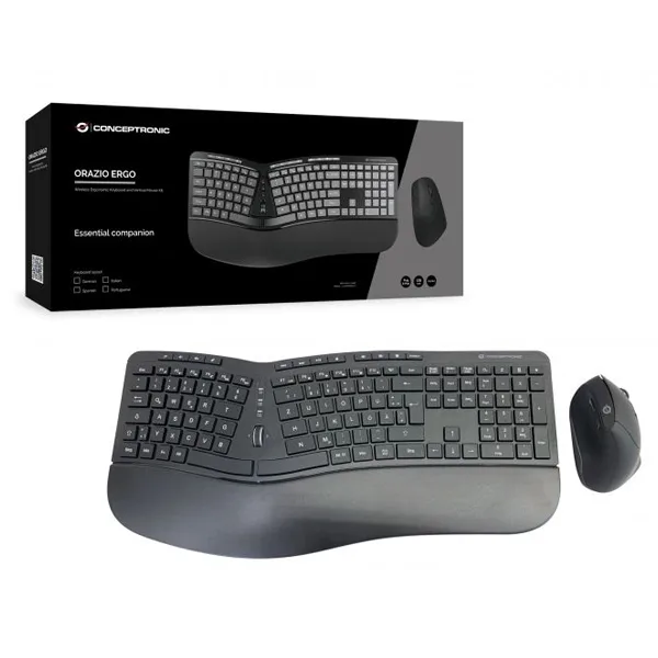 Conceptronic ORAZIO02DE Ergo - Juego de Teclado ergonómico y ratón Vertical inalámbrico, diseño alemán, Color Negro