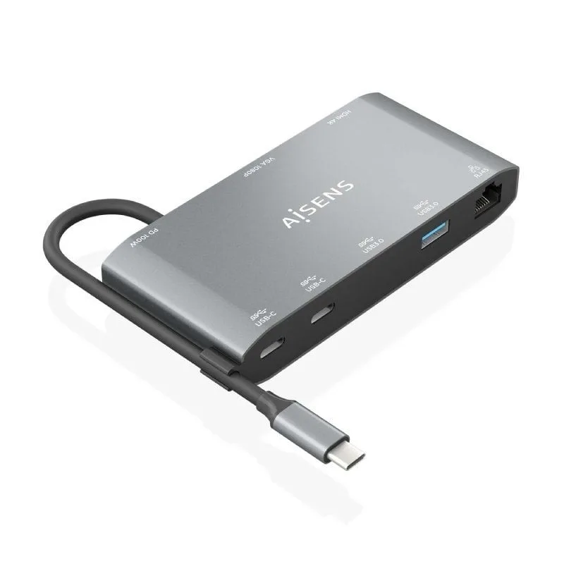 AISENS - ASUC-8P010-GR - USB-C Dock 8 en 1, USB-C A 1XHDMI, 1XVGA, 1XRJ45, 2XUSB-A, 2XUSB-C 5G, 1XUSB-C PD, Gris, 20Cm