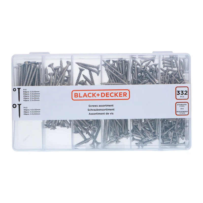 BLACK+DECKER Surtido de tornillos - 332 piezas - PH1 - PH2 - Juego de tornillos para madera