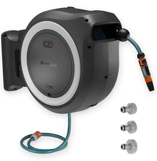Gardena Conjunto Portamanguera de Pared con Batería PowerRoll XL Individual: Portamanguera automático, manguera de 35 m, guía y RollControll, batería, resistente a rayos UV y heladas (18642-55)