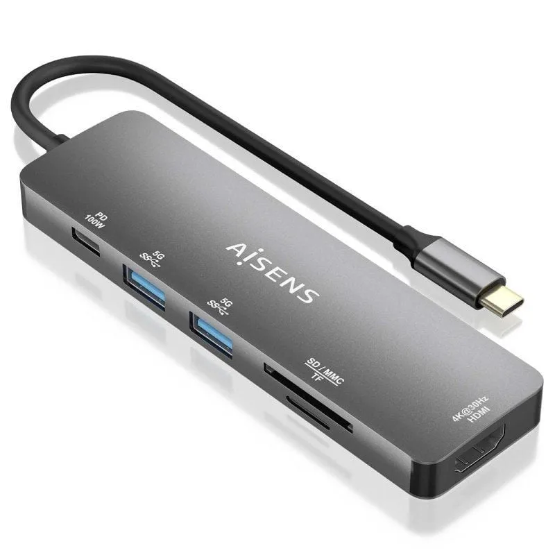 AISENS - ASUC-6P016-GR - USB-C Dock 6 en 1, USB-C A 1XHDMI, 2XUSB-A, 1XUSB-C PD 100W, 1XSD, 1XMicro SD, Gris, 15cm