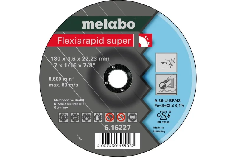 METABO 616227000 - Disco de tronzar para amoladora angular Flexiarapid Super A46-U-BF Inox HidroResist. embutido Ø 180 x 1,6 x 22,22 mm (Envase de 25 Ud)