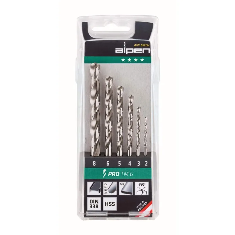 Alpen 1 HSS PRO TM 6 - Juego de brocas en espiral con estuche de plástico (6 piezas, diámetros de 2,0/3.0/4.0/5.0/6.0/8,0 mm)