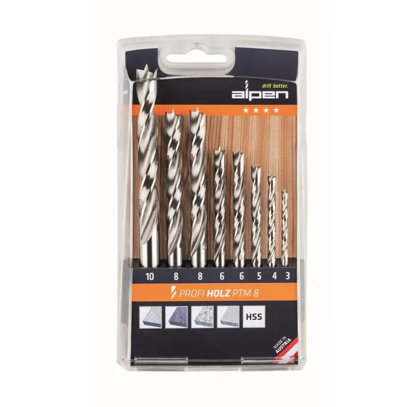 Alpen 600093100 - Hss-máquina de madera de madera spiralbohrer profi, 1x diámetro de 3, 4, 5, 10 mm y 2x 6, 8 mm como 8 piezas casete de plástico en