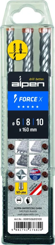 Alpen SDS-plus FORCE X - Juego de brocas para martillo perforador (3 piezas, 4 cortes, diámetro 6, 8 y 10 mm), color plateado