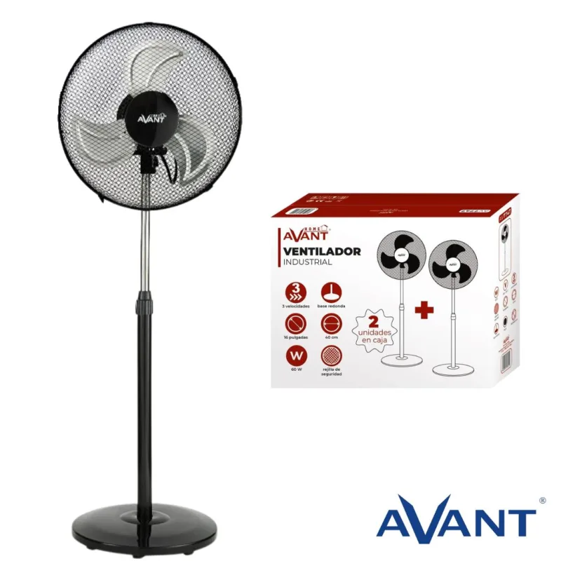 Avant AV7747 |Ventilador de pie industrial Pack 2 unidades | Potencia de 60W | 16" | 3 velocidades | Altura ajustable hasta 40 cm | Base estable