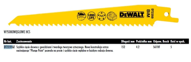 DeWalt DT2359-QZ - Hoja de sierra de sable para cortes rápidos en madera con clavos y plásticos duros