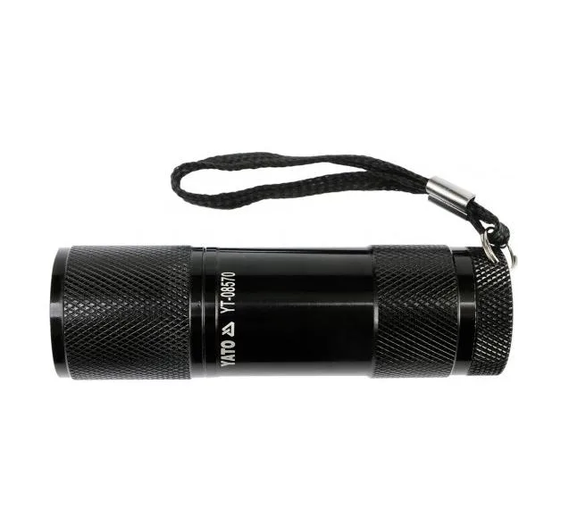 Yato, modelo YT-08570, Antorcha de aluminio con 9 LED, color negro, ideal para trabajos de mecánica y reparaciones, ligera, eficiente y resistente.