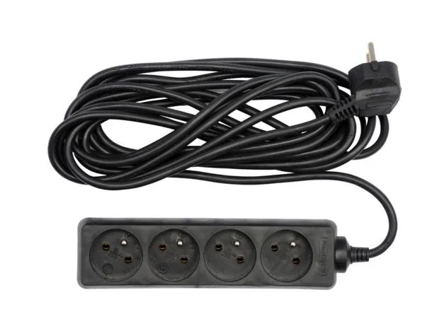 Cable de extensión Vorel 72622 con conexión a tierra, 5m, 4 enchufes, ideal para hogar y oficina, seguro y resistente, diseño compacto, color negro, práctico y eficiente