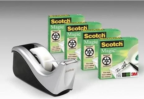 Scotch Dispensador rellenable plateado para Cinta Adhesiva - Incluye 4 rollos de 19mm x 33m - Para la Escuela, el Hogar y la Oficina