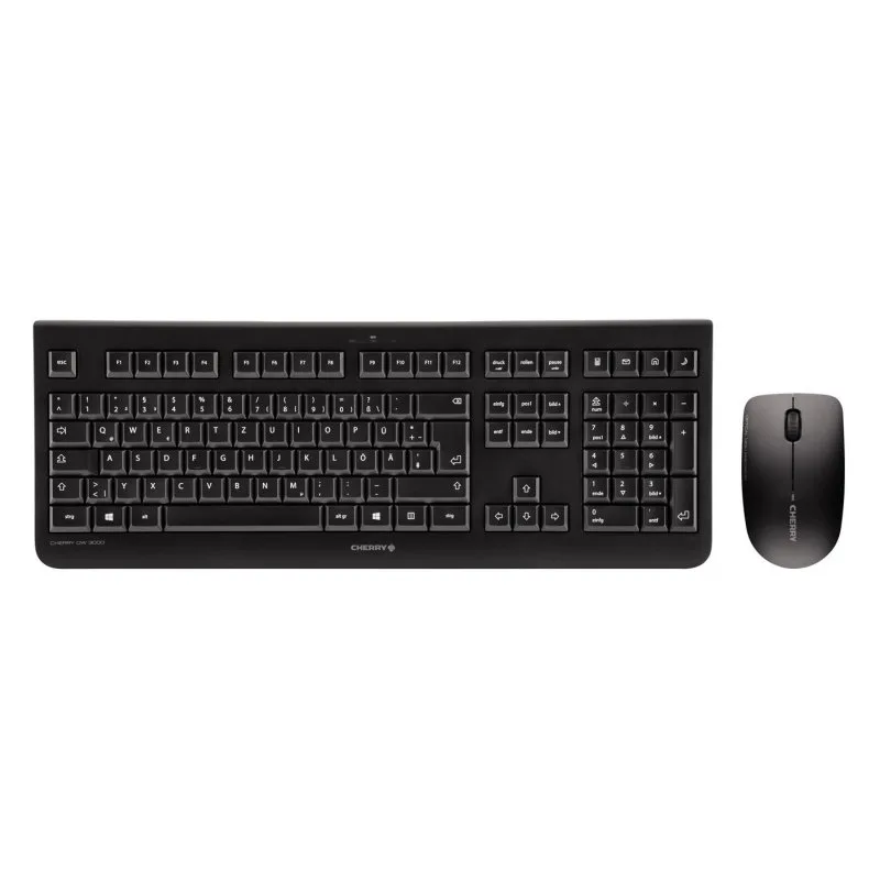 CHERRY DW 3000, Pack de Teclado y Ratón Inalámbricos, Distribución de Teclado Inglés (QWERTY), Radiofrecuencia 2,4 GHz, Diseño Plano, Tecleo Silencioso, Ratón Simétrico, Negro