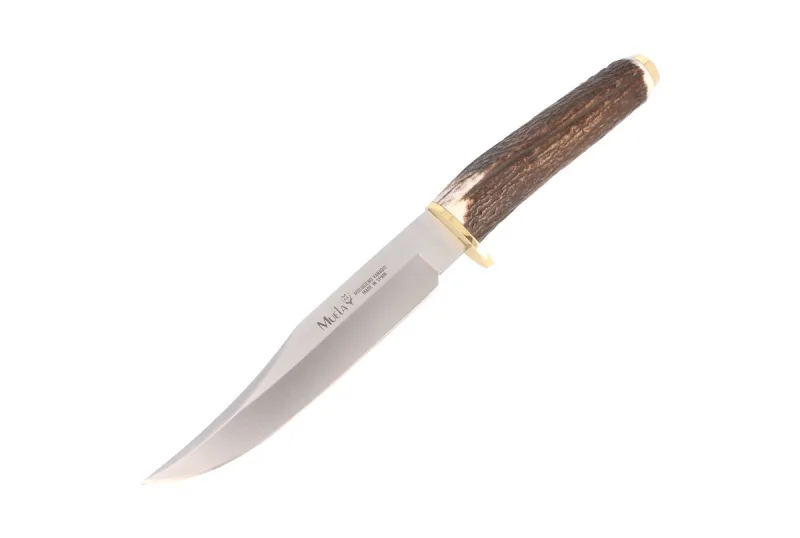 Cuchillo de caza Muela Serie SH SH-16, puño de asta de ciervo y latón, hoja de 16 cm, peso 200 gramos + tarjeta multiusos de regalo