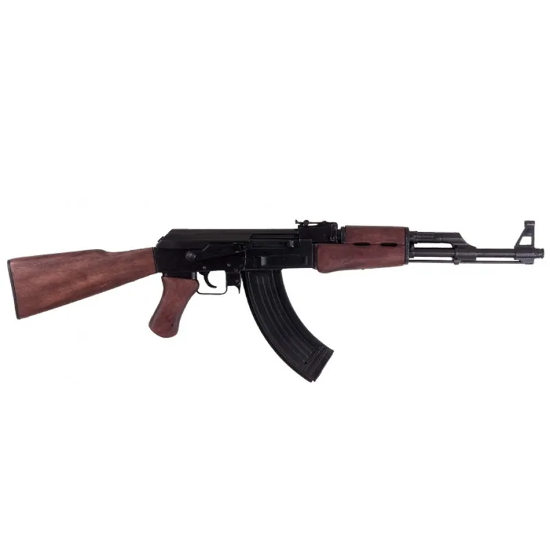 Réplica de fusil de asalto AK47 diseñado en 1942 por Mikhail Kalashnikov durante la 2 Guerra Mundial, fabricado en metal y madera, con mecanismo simulador de carga, con cañón ciego, no funciona, para decoración