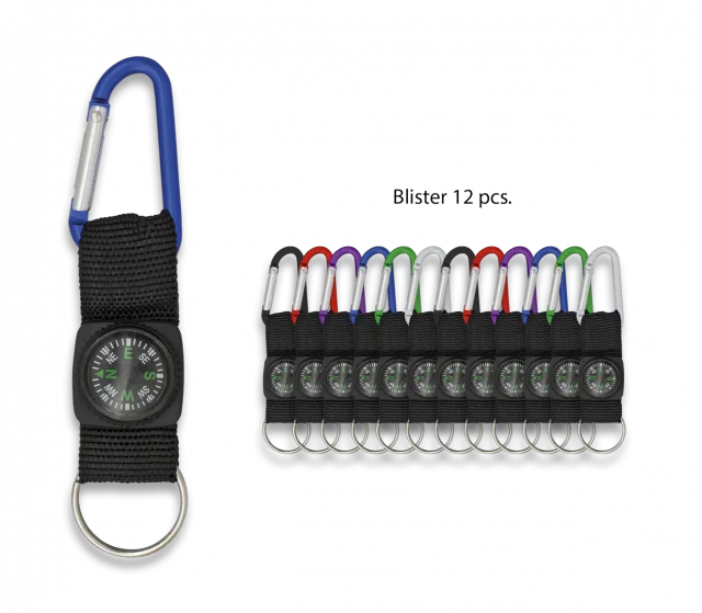 Llavero Mosqueton y brújula de colores surtidos Martinez Albainox de aluminio de 11.5 cm en blister de 12 unidades