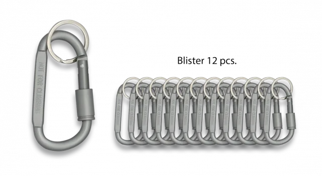 Llavero Mosqueton de color gris Martinez Albainox con cierre de seguridad de aluminio 8 cm, presentado en blister de 12 unidades