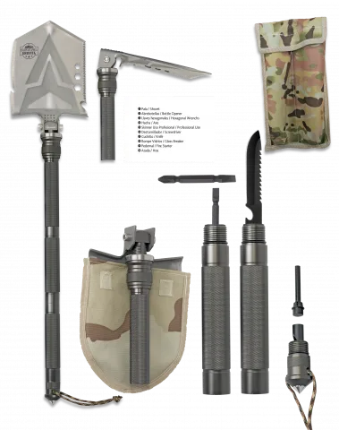 Pala de supervivencia, incluye kit compuesto por Abrebotellas, herramientas, Cuchillo, Rompe Vidrios, Pedernal y Azada, incluye funda de nylon.