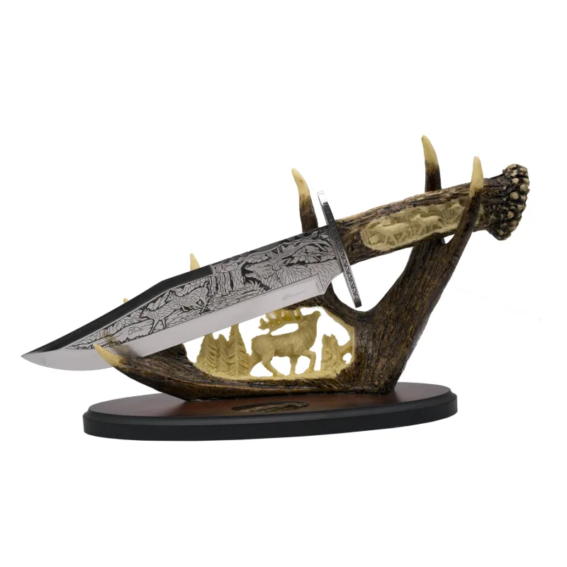 Figura Modelo de Cuchillo con base decorativa de Ciervo 13054, con ciervos de fondo y base decorativa, hecho de resina, tamaño 37 x 10,5 x 21 cm