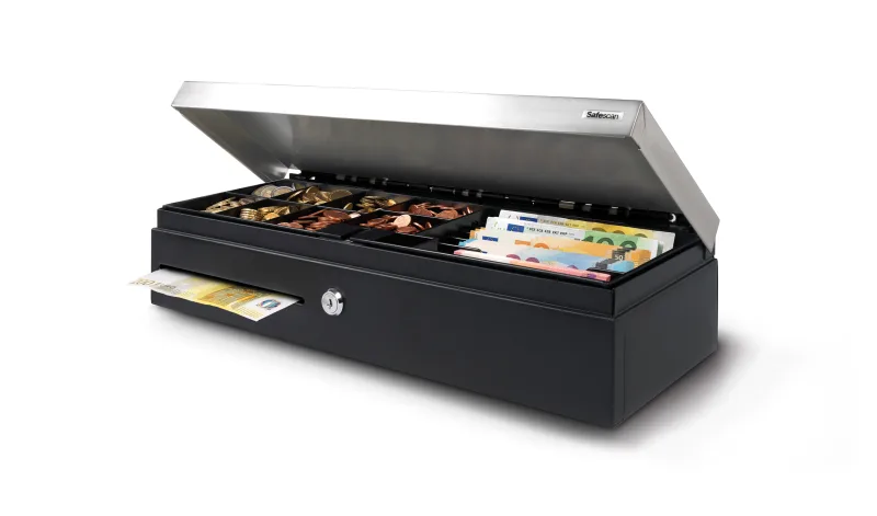 Cajón portamonedas Safescan Sd-4617s con cerradura dedos posiciones de 46 cmx17 cm x 10 cm con apertura eléctrica y llave