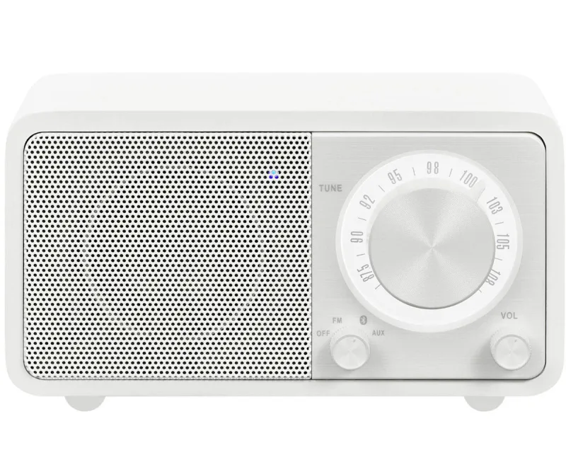 Radio de escritorio portátil Sangean WR-7 (sintonizador FM RDS, Bluetooth, entrada auxiliar, bocina incorporada, recargable), blanco mate