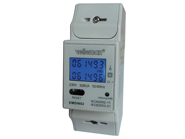 Velleman Medidor de kWh profesional, 1 fase, para el montaje de riel DIN, con contador de día restable, contador total, pantalla LCD y LED de pulso, máx. 80 A