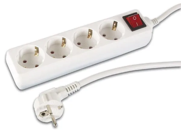 Perel Regleta con Interruptor, 4 enchufes Schuko (Tipo F) con protección Infantil, Cable H05VV-F 3G1.5 de 3 m, 3500 W, IP20, Blanco, 16 A, 230 V