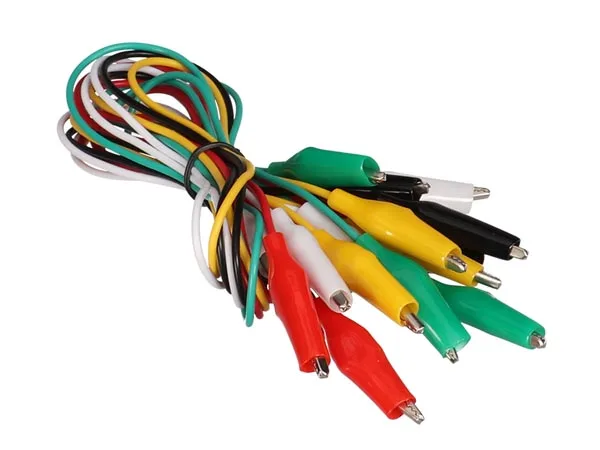 Velleman Cable de medición, juego de 10, pinza cocodrilo aislada 27 mm, longitud del cable 50 cm, 5 colores negro/rojo/blanco/verde/amarillo, material CCS, máximo 30 V/1 A.