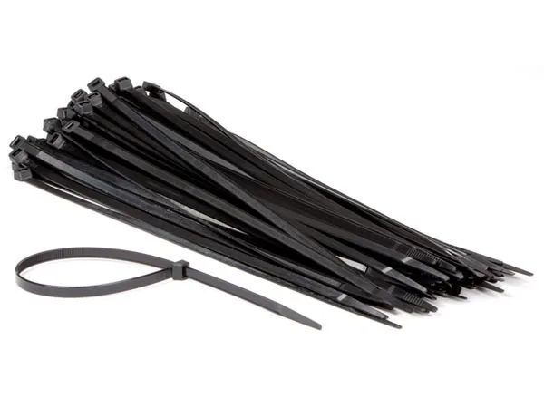 Perel Bridas de nylon negras, 100 piezas, ataduras de cables 400 x 7,6 mm, resistentes a UV, autoadhesivas, 54 kg de fuerza de tracción, para aplicaciones pesadas en interiores y exteriores.