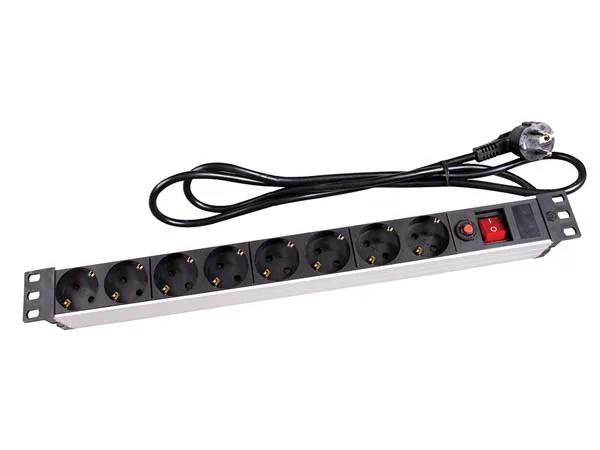 Perel Regleta PDU 8 enchufes Schuko Tipo F con Interruptor y protección contra sobretensiones, Cable 2,15 m H05VV-F 3G1.5, 3680 W para Rack 19" y Armario Servidor
