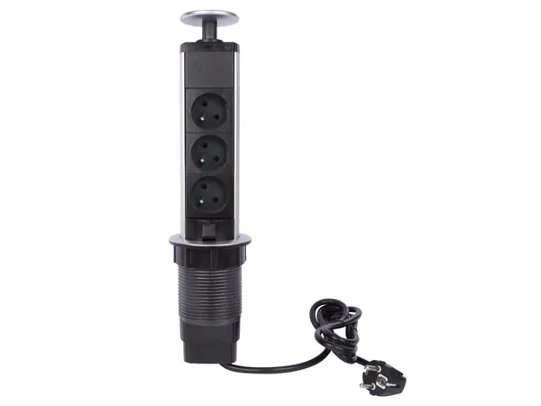 Perel Regleta empotrable Pop-up con 3 Tomas Schuko Tipo E, Agujero 71 mm, Cable 1,4 m, 3680 W, con protección Infantil, Ideal para Cocina, Oficina y Sala de reuniones