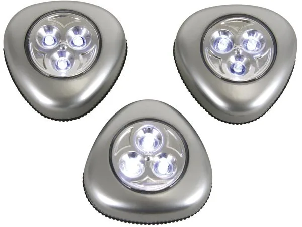 Perel Lámparas LED autoadhesivas, juego de 3, con pulsador de encendido/apagado fácil, 3 pilas alcalinas, 3 LED por lámpara, inalámbricas, colocación flexible en armario, vestidor, pasillo, gris