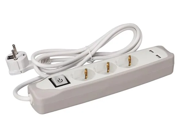 Perel Regleta con Interruptor, 3 enchufes Schuko (Tipo F) con protección Infantil, 2 Puertos USB, Cable H05VV-F 3G1.5 de 1,5 m, 3500 W, IP20, Blanco, 16 A, 230 V