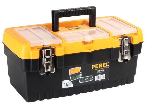 Perel Caja de herramientas 16,2L con bandeja extraíble y 3 organizadores en la tapa, toolbox de plástico con cierres metálicos y asa plegable, maletín para herramientas 41,3 x 21,2 x 18,6 cm