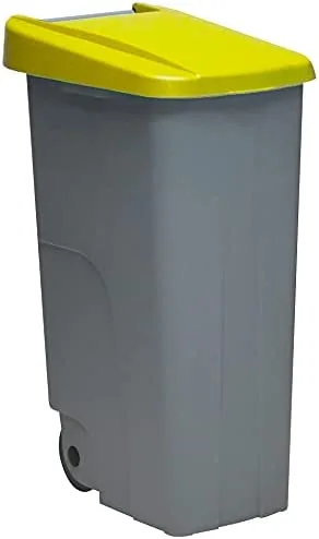 Contenedor de Residuos Reciclo 110L Amarillo con Tapa Cerrada y Ruedas Grandes - Plástico Resistente, Encajable y Ergonómico, Ideal para Envases Ligeros y Reciclaje | Denox