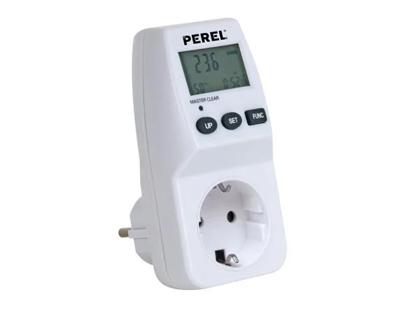 Perel Medidor de energía, pantalla LCD, 230 V, 16 A, 3600 W, German Grounding Tipo F, blanco
