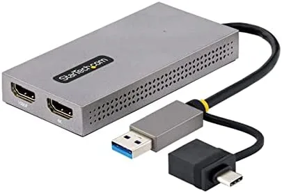 StarTech.com Adaptador de USB a HDMI Doble, USB A/C a 2 Pantallas HDMI (1x 4K30Hz, 1x 1080p), Dongle Integrado USB-A a C, Cable de 11cm, Adaptador USB 3.0 a HDMI, Windows y macOS