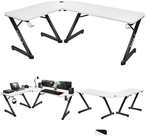 huzaro Hero 7.0 - Escritorio de Esquina en Forma de L, Mesa de Juego, Escritorio en casa, Montaje a la Derecha e Izquierda, construcción de Aluminio, Tablero de Carbono, 154 x 117 cm, Color Blanco