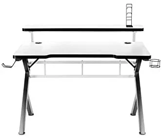 huzaro Hero 5.0 White | Mesa de Gaming, Escritorio de Ordenador, Mesa de Oficina, 120 x 60 cm, Soporte para Monitor, Gancho para Auriculares, Soporte para Bebidas, Dos pasacables | Tablero de Carbono