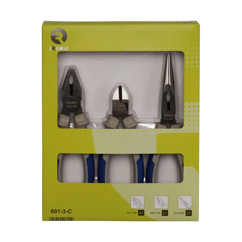 Juego 3 alicates (universal 180mm, cortante 160mm, semirredondo 200mm) 601-3-c irimo