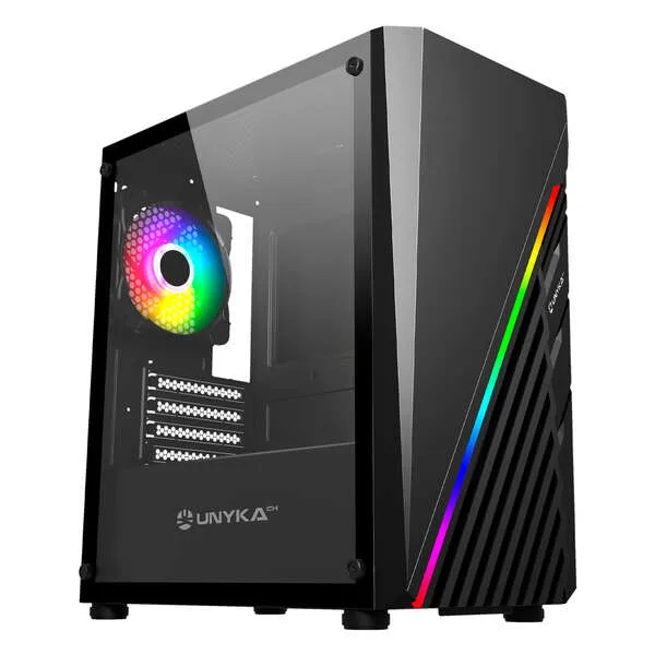 Unykach mini glayze caja micro-atx - iluminacion argb - ventana lateral cristal templado - usb-a 2.0/3.0 y audio - 1 ventilador 120mm rgb instalado - color negro