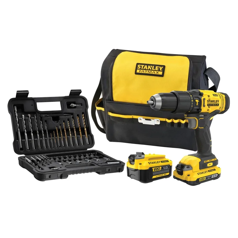 STANLEY FATMAX SFMCD711DMA-QW - Taladro Atornillador de Impacto V20, 18V, 2 velocidades, Incl. set de accesorios de 50 piezas, 1 batería de 2.0 Ah, 1 batería de 4.0 Ah y una bolsa de herramientas