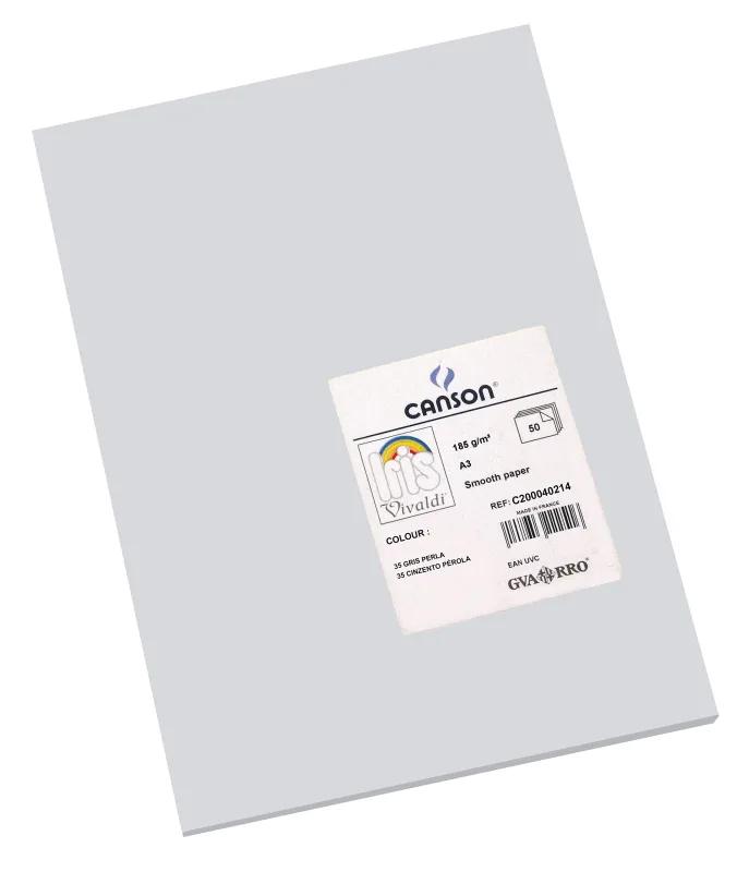 Canson Iris Vivaldi, Papel de dibujo de color, Suave, 185gsm, Hoja, A3-29,7x42cm, Gris claro