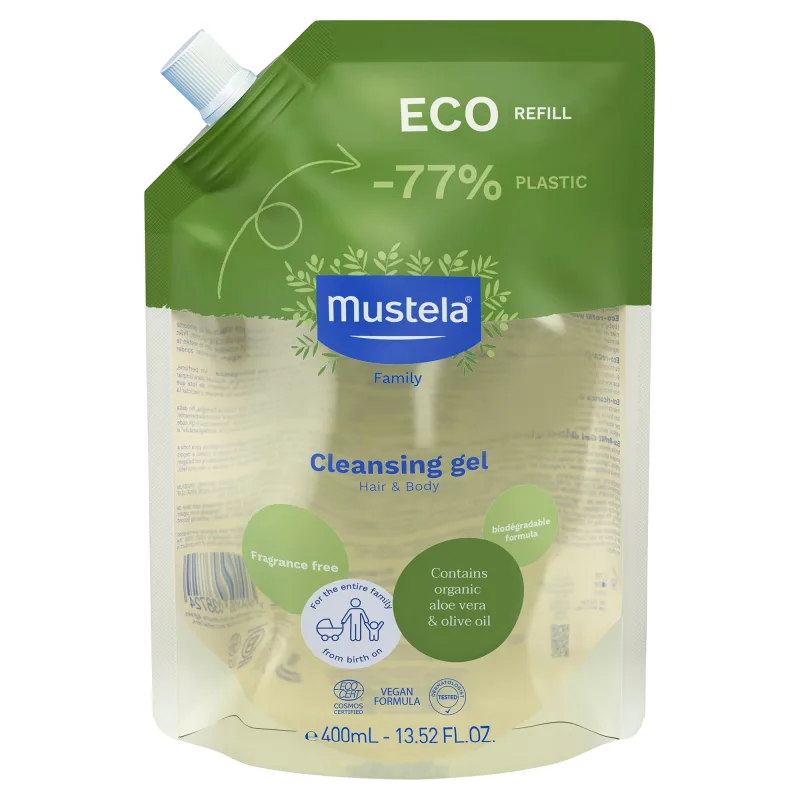 Mustela Eco Recarga Gel Limpiador Bio Vegano, Aceite de Oliva, Aloe Vera y Glicerina, Cuerpo y Cabello, Bebé, Toda la Familia - Limpieza Suave, 99% Ingredientes de Origen Natural (400ml)