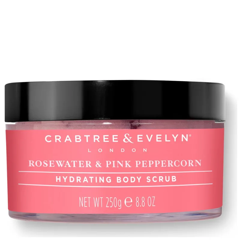 Exfoliante corporal hidratante Rosewater & Pink Peppercorn, Crabtree & Evelyn, cuidado corporal, piel suave, ingredientes naturales, aroma floral y especiado, 220 g